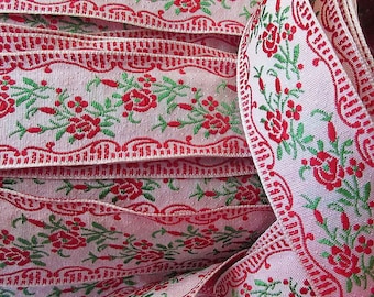 From Japan 4 Yards Vintage Cotton Floral Trim Jacquard Ribbon White Red Green Old Store Stock IT09