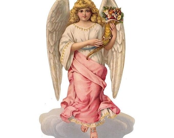 May include: A vintage illustration of an angel with large white wings, wearing a pink dress and holding a horn with flowers. The angel is standing on a cloud.