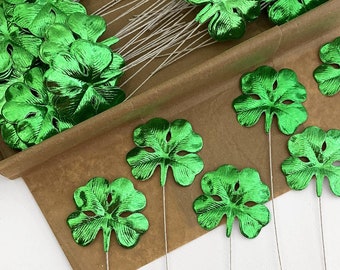 12 Czech Shamrocks Millinery Foil Leaves Embossed Green Paper Clovers NLC111GRF