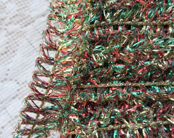 5 Yards Vintage Metallic Garland  Trim Ribbon 7/16&quot; Wide Red Gold Green Looped Tinsel Wired Old Store Stock