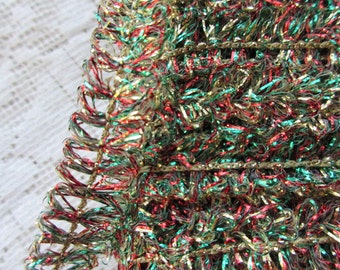 5 Yards Vintage Metallic Garland  Trim Ribbon 7/16" Wide Red Gold Green Looped Tinsel Wired Old Store Stock