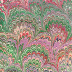 May include: A colorful, abstract pattern with a marbled effect. The design features swirling, feather-like shapes in shades of green, pink, red, and purple. The overall effect is reminiscent of handmade paper or fabric.