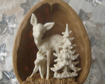 2 Plastic Walnut Shell Christmas Ornaments Germany Deer And Christmas Tree x2 NAL-A87