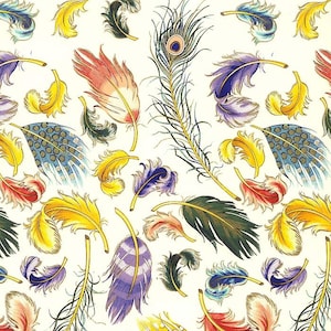 May include: A white background with a repeating pattern of colorful feathers. The feathers are in various shapes and sizes, including peacock feathers, and are arranged in a random pattern.
