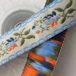 5-1/2 Yards Jacquard Sewing Ribbon 5/8" Trim Blue Beige Green Floral Flowers BD512