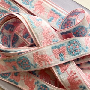 4 Yards Vintage Horse Pony Cart Trim 3/4&quot; Wide Jacquard Ribbon White Blue Pink VT65
