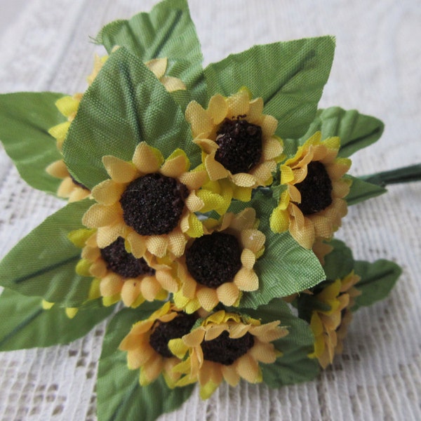From Austria 12 Fabric Millinery Flowers Small Yellow Sunflowers With Leaves NAL42