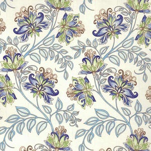 May include: Floral pattern featuring stylized flowers in shades of blue, green, and brown against a cream background. The design includes curved stems and leaves, creating a repeating, symmetrical arrangement. The overall aesthetic is reminiscent of vintage botanical illustrations.