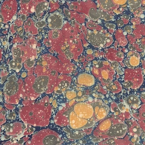 May include: Abstract marbling pattern in shades of red, orange, gray, and white on a dark blue background. The design features organic shapes and speckled details, creating a textured, artistic effect. This pattern is suitable for various craft projects.