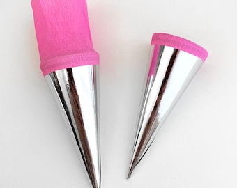 2 Germany Metallic Paper Cones For You To Decorate Silver Foil Pink Crepe CON05-SPK