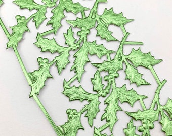 6 Dresden Trim Scraps Christmas Holly Paper Foil Germany Light Green Die Cut DF7106LGR