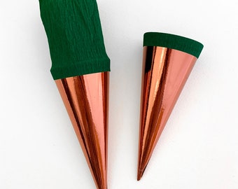 2 Germany Metallic Paper Cones For You To Decorate Pink Bronze Green Crepe CON03-BGR