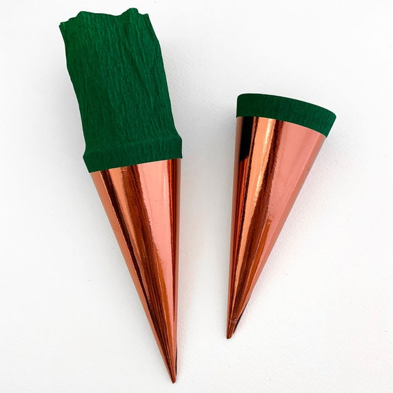 2 Germany Metallic Paper Cones for You to Decorate Pink Bronze Green Crepe  CON03-BGR 