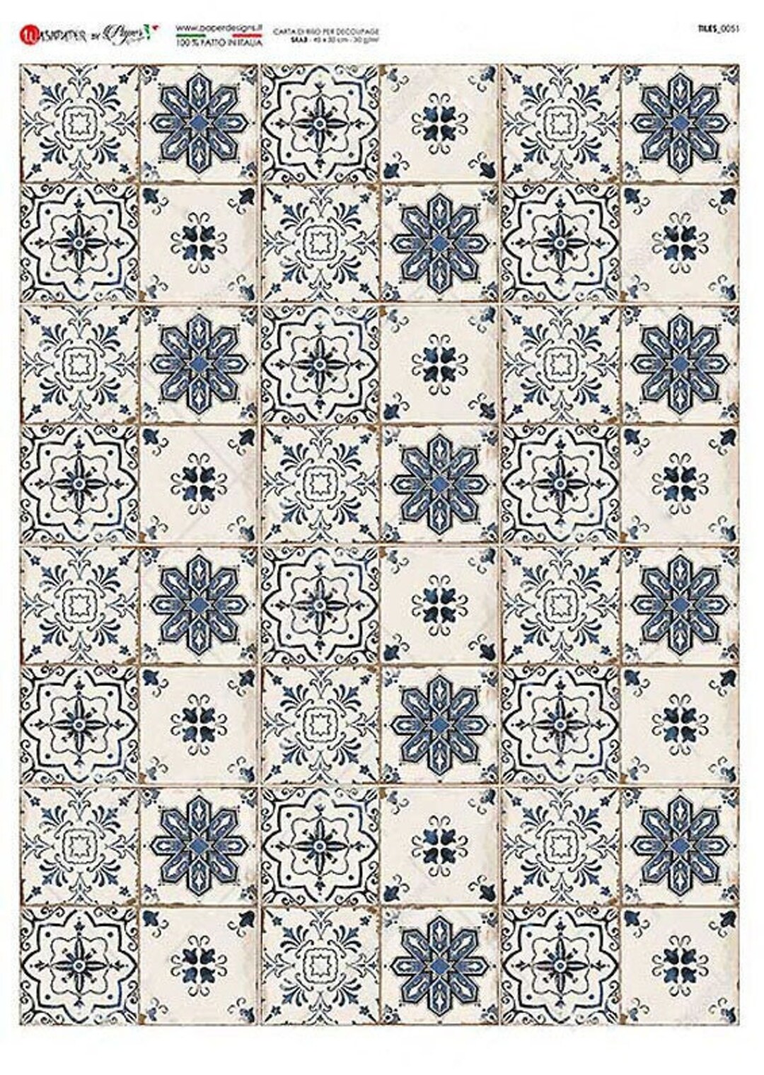 2 Sheets Italy Rice Paper Decoupage Vintage Blue Tiles Collage RCP-TL ...