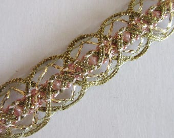3-3/8 Yards Vintage Metallic Trim Ribbon 13/16” Wide Pink & Gold Very Fancy Old Store Stock BD-B24