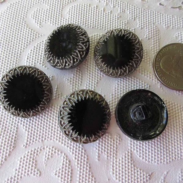 5 Vintage 1970s Czech Glass Buttons Handmade Black Silver Glass Czechoslovakia CB19