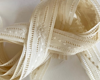 From Italy 5 Yards Vintage Embroidered Cream Off White Insertion Entredeux Sewing Trim Ribbon 13/16" Wide RV9