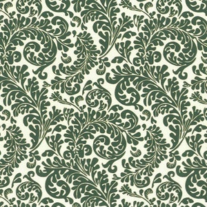 May include: A repeating pattern featuring dark green stylized leaves and swirling vines against a cream-colored background. The design has a classic, ornate feel, suitable for fabric or wallpaper.