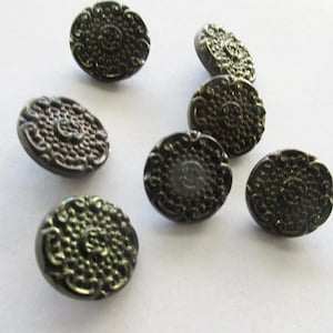 10 Vintage Czech Glass Buttons Greenish Black Fancy G4