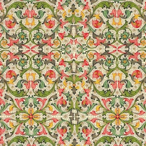 May include: A seamless pattern featuring a repeating floral design. The pattern includes stylized flowers and foliage in shades of red, green, yellow, and brown, set against a cream-colored background with small dot details. The overall style is reminiscent of vintage wallpaper.