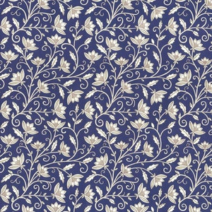 May include: A seamless pattern featuring a navy blue background with a repeating floral design. The pattern includes white and tan flowers, leaves, and swirling vines, creating a classic and elegant aesthetic. The design is symmetrical and detailed.