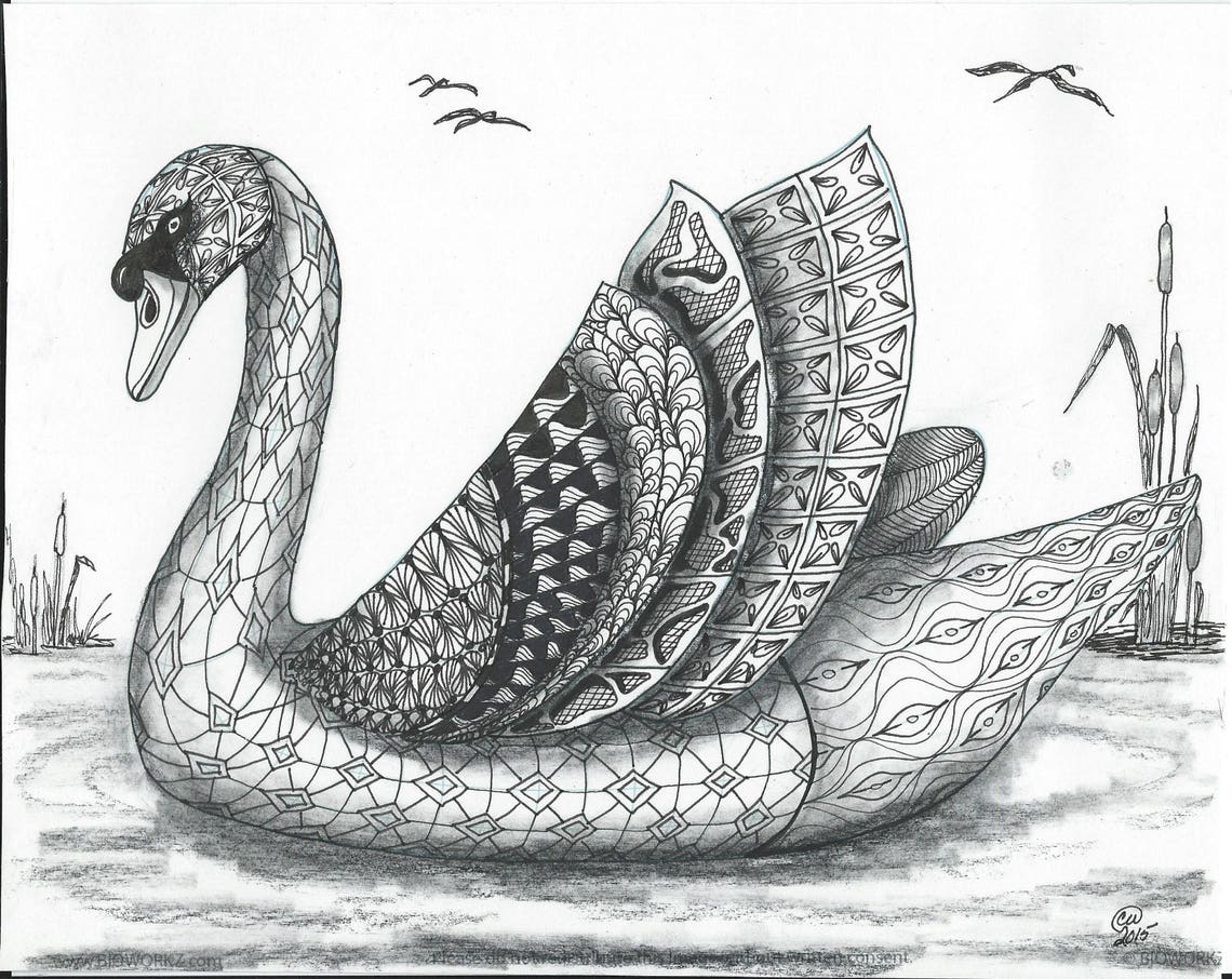 Swan in the Pond Zentangle Art Printfantasy Swanpen&ink Etsy