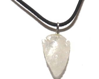 2" Hand Knapped Quartz Crystal Arrowhead Pendant on a 24" Made in the USA 3mm Strong Leather Cord