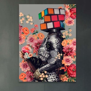 Póster de lienzo con arte robótico único: diseño floral colorido con cabeza de cubo de Rubik. Decoración de pared moderna para espacios creativos.