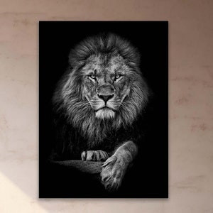 Póster de retrato de león, impresión de safari, decoración del hogar bohemia de vida silvestre, lienzo de león negro, póster de animales de safari, retrato de león africano con decoración del rey león