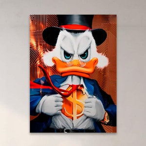 Arte de dibujos animados divertidos, lienzo de pato de dibujos animados, arte de oficina de dinero de pato, arte de graffiti, impresión de pintura al óleo, póster de dinero, impresión de pato rico