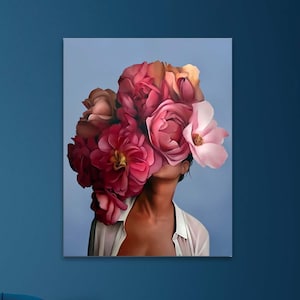 Frau mit Blumenkopf Poster, Blumenliebhaber, schwarze Frau Kunst, Home Décor, Mädchen Poster, Abstrakte Wandkunst, Blumenwandkunst, Blumenkopfkunst