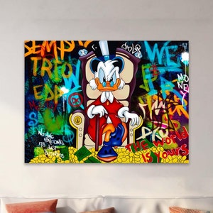 Impresión en lienzo de pato de dibujos animados The World is Yours, póster de pato con arte en lienzo de dinero para decoración de oficina, arte pop moderno, sala de estar moderna, póster de pato