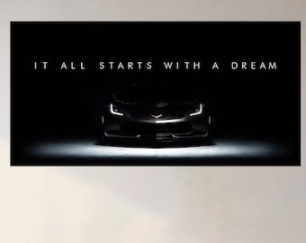 Motivation Corvette c7 Poster, Success Wall Art, Dream Big Quote, Entrepreneur Supercar Poster Office Decor, Home Inspirational Canvas
