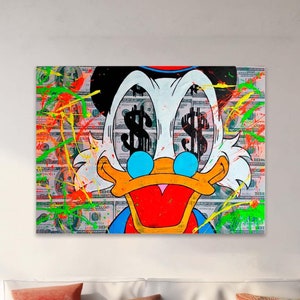 Sinais de dinheiro do Scrooge nos olhos Arte abstrata, tela de grafite do McDuck, impressão em tela de arte de rua do fluxo de dinheiro, impressão de mentalidade milionária, pato de desenho animado