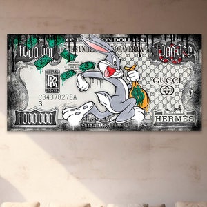 ウサギのお金のポスター、ウサギのグラフィティ、ストリートグラフィティウォールアート、バッグスバニーキャンバスプリント、オフィスアート100ドル紙幣、漫画ウォールアートギフト