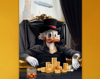 Duck and Dollar Canvas Painting, Graffiti Textured Paint, Duck Print, Gold and Money Canvas Printing Cartoon canvas art wall Duck canvas