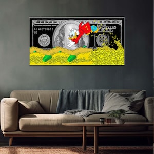 Lienzo con billete de 100 dólares, póster con dinero de pato de dibujos animados, arte de oficina, impresión con billete de 100 dólares, impresión con Donald y dinero, arte de oficina, decoración de oficina para hombres