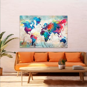 Impresión en lienzo de mapa del mundo, decoración de pared de oficina, diseño de interiores, Giclée para el hogar y decoración de habitaciones, impresión abstracta del mapa del mundo