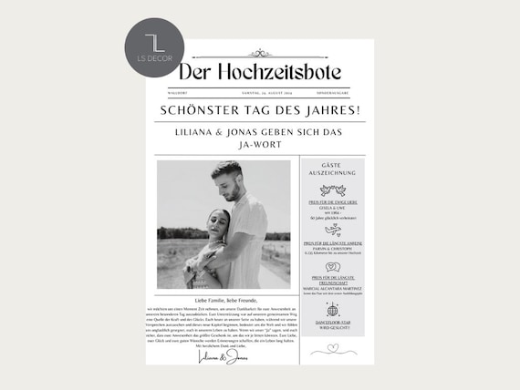 Hochzeitszeitung, personalisierbare Vorlage, Canva Template, personalisierte Hochzeitszeitung, deutsche Vorlage zum Selbstausdrucken