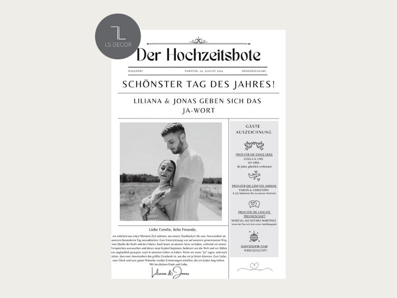 May include: A black and white newspaper announcement with the headline "Der Hochzeitsbote" and the text "Sch&ouml;nster Tag des Jahres!"  Liliana & Jonas geben sich das Ja-Wort."  The announcement features a black and white photo of a couple.
