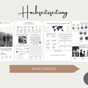 May include: Black and white wedding announcement with the title "Hochzeitszeitung" and the text "INNENSEITEN". The announcement includes a timeline, a world map, a family tree, and photos of the couple.
