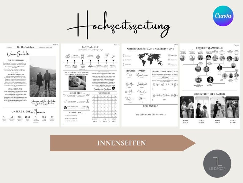 May include: Black and white wedding announcement with the title "Hochzeitszeitung" and the text "INNENSEITEN". The announcement includes a timeline, a world map, a family tree, and photos of the couple.