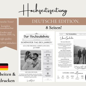 May include: A black and white wedding newspaper template with the text "Hochzeitszeitung Deutsche Edition 8 Seiten!" and "Der Hochzeitsbote" in a black and white newspaper style. The template includes a photo of a couple and text about their wedding day.