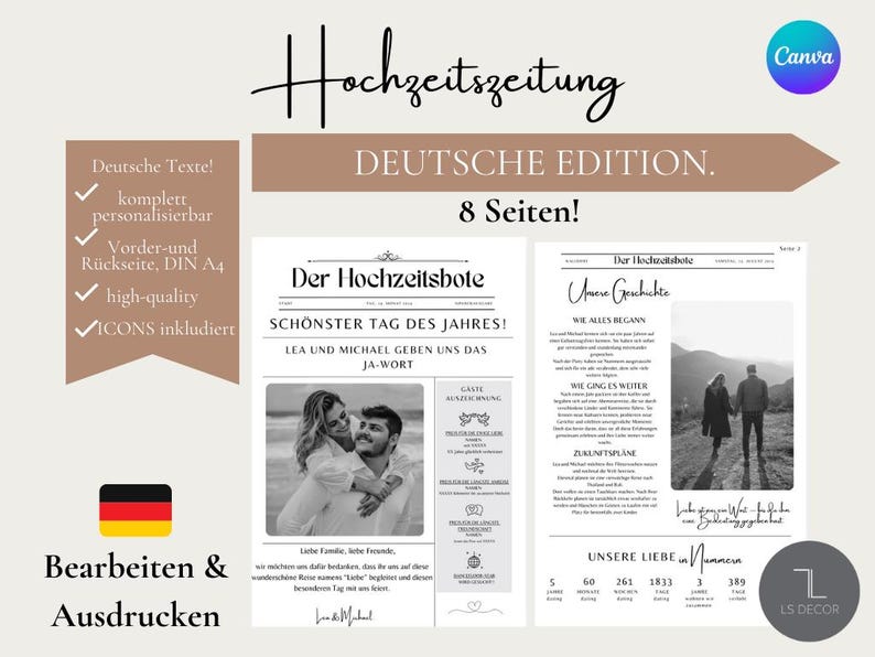 May include: A black and white wedding newspaper template with the text "Hochzeitszeitung Deutsche Edition 8 Seiten!" and "Der Hochzeitsbote" in a black and white newspaper style. The template includes a photo of a couple and text about their wedding day.