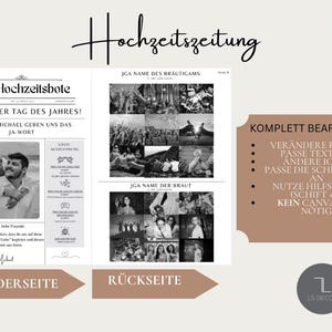 May include: A black and white printable wedding announcement template with the text "Hochzeitszeitung" at the top. The front side features a photo of a couple and the text "Der Hochzeitsbote" and "Sch&ouml;nster Tag des Jahres!" The back side features a collage of photos and the text "JGA Name des Br&auml;utigams" and "JGA Name der Braut".