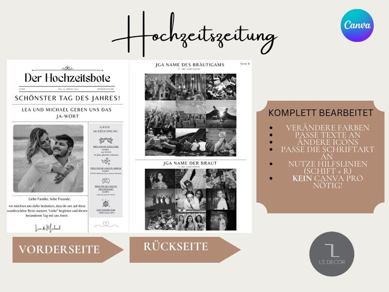 May include: A black and white printable wedding announcement template with the text "Hochzeitszeitung" at the top. The front side features a photo of a couple and the text "Der Hochzeitsbote" and "Sch&ouml;nster Tag des Jahres!" The back side features a collage of photos and the text "JGA Name des Br&auml;utigams" and "JGA Name der Braut".
