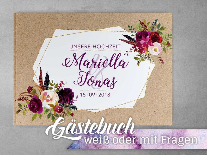 G\u00e4stebuch Hochzeit mit Fragen Kraftpapier Boho Marsala Individuell personalisiert wei\u00dfe Seiten Blumendeko Aquarell