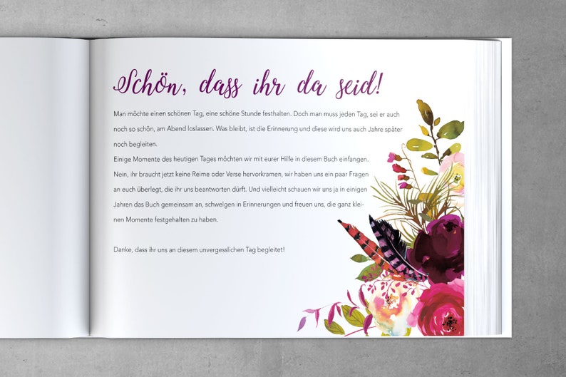 G\u00e4stebuch Hochzeit mit Fragen Kraftpapier Boho Marsala Individuell personalisiert wei\u00dfe Seiten Blumendeko Aquarell