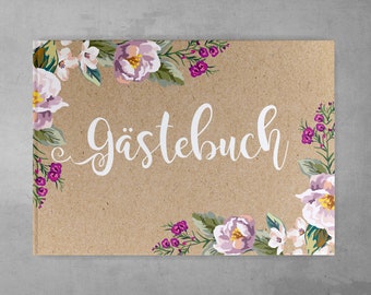 Gästebuch Hochzeit Kraftpapier Vintage Aquarell Blumen Pastell mit vorgedruckten Fragen