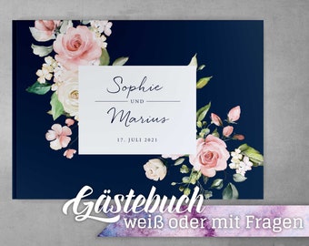 Gästebuch Hochzeit Rose & Blue mit Fragen Individuell personalisiert weiße Seiten Grün Rosa